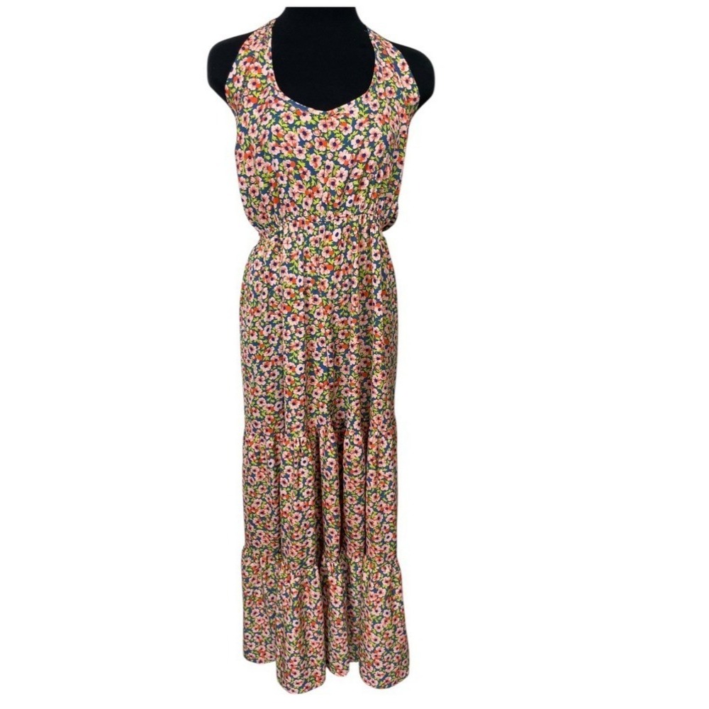 Pretty Garden‎ Maxi Dress M Halter Floral Sleeveless Tiered Cottage Romantic